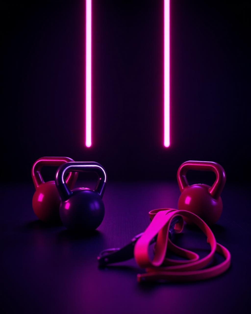 Kettlebells and resistance bands on a dark gym floor