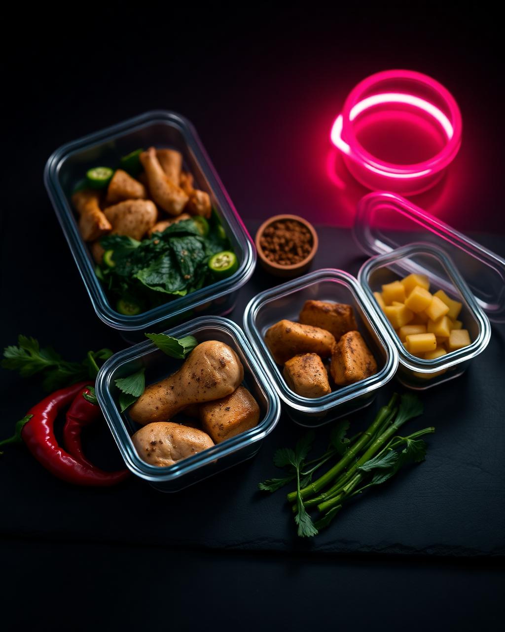 Prepared healthy meals with chicken, greens and chili peppers