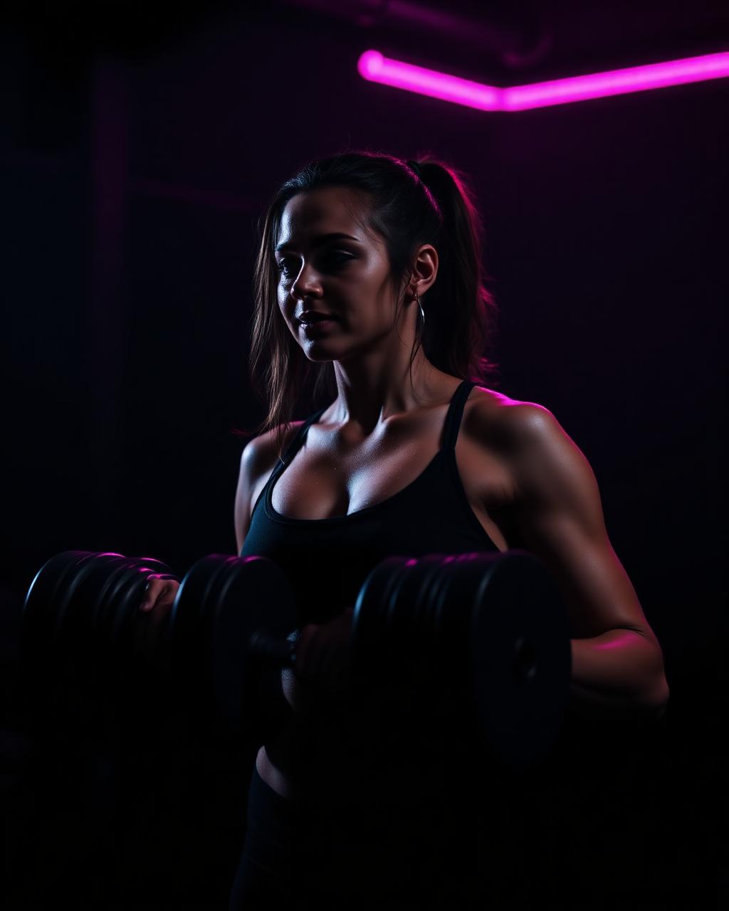 Client strength training with dumbbells under pink gym lighting